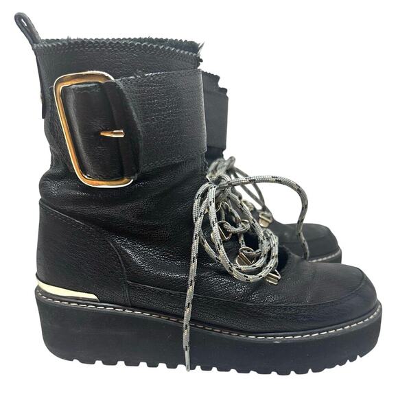 STUART WEITZMAN Attackit Leather Faux Fur Platform Wedge Buckle Booties Boots 7 - Picture 1 of 8